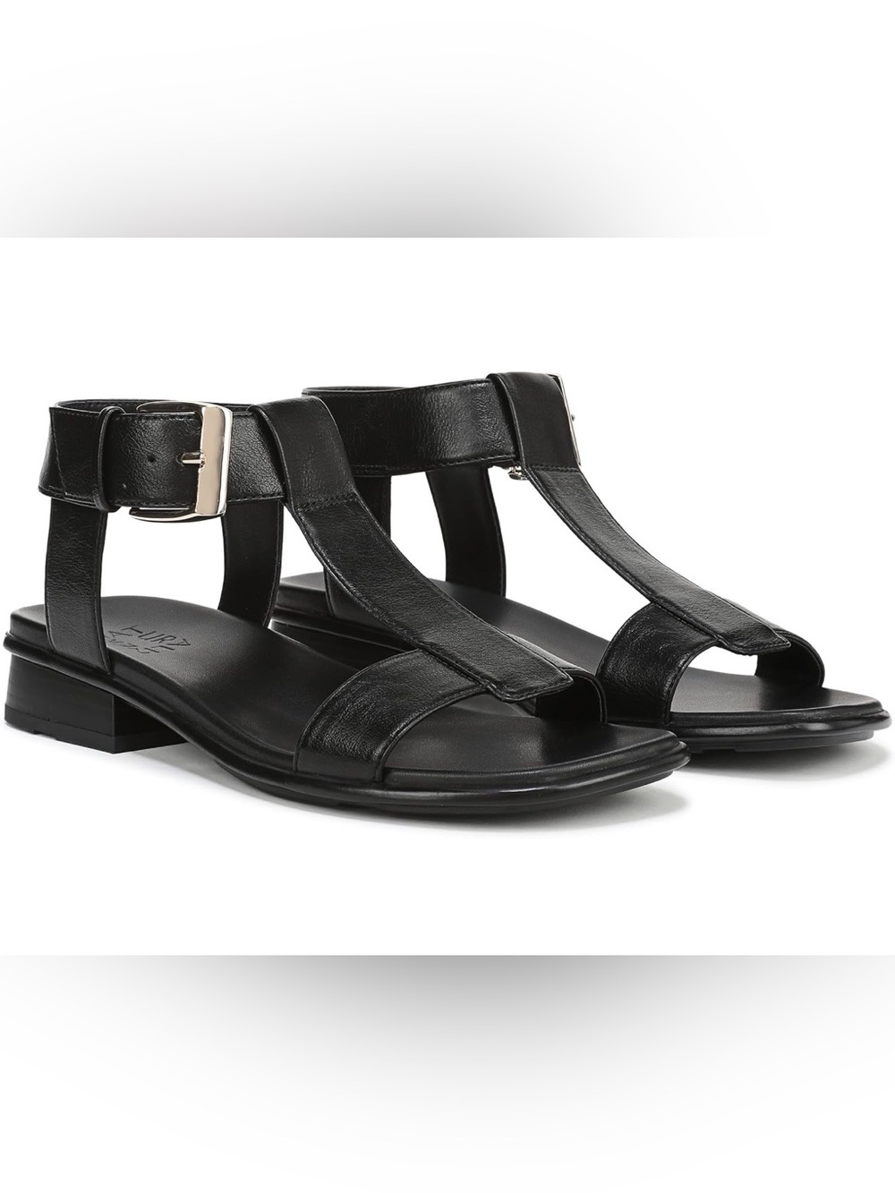 Naturalizer Black Leather T-Strap Buckle Sandals